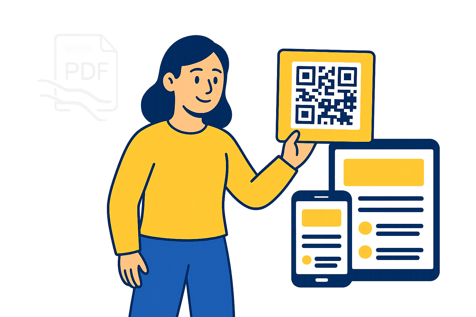 Ilustración explicativa de Web Carta - Mujer sosteniendo QR y menús digitales