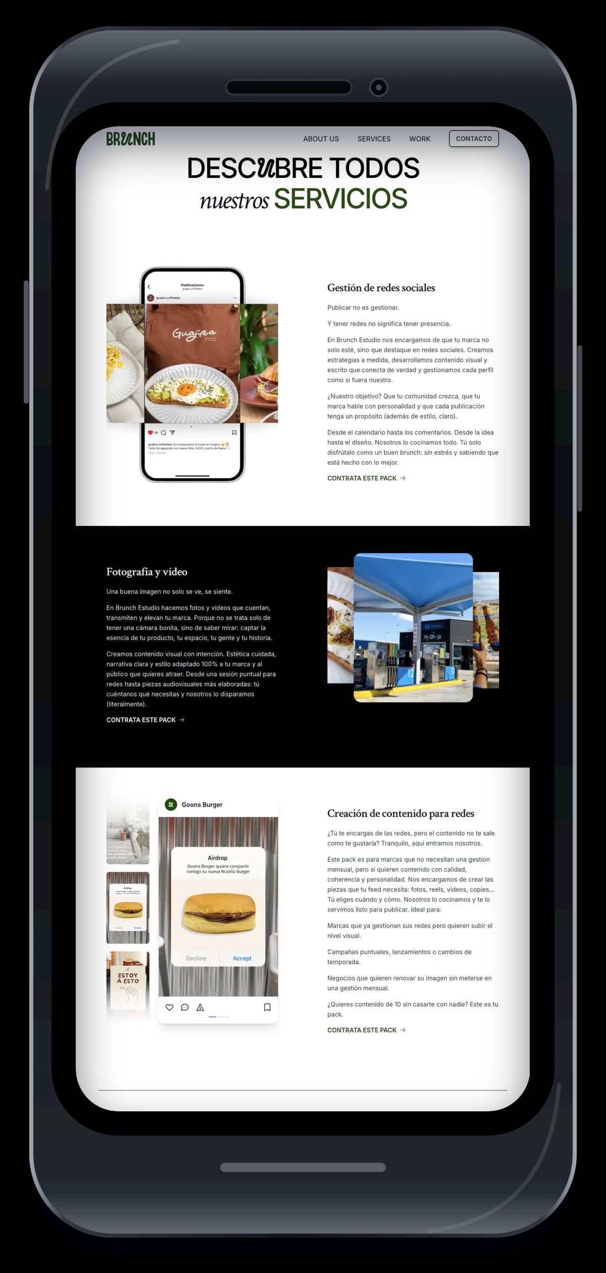 Brunchestudio — vista móvil de los servicios de marketing digital