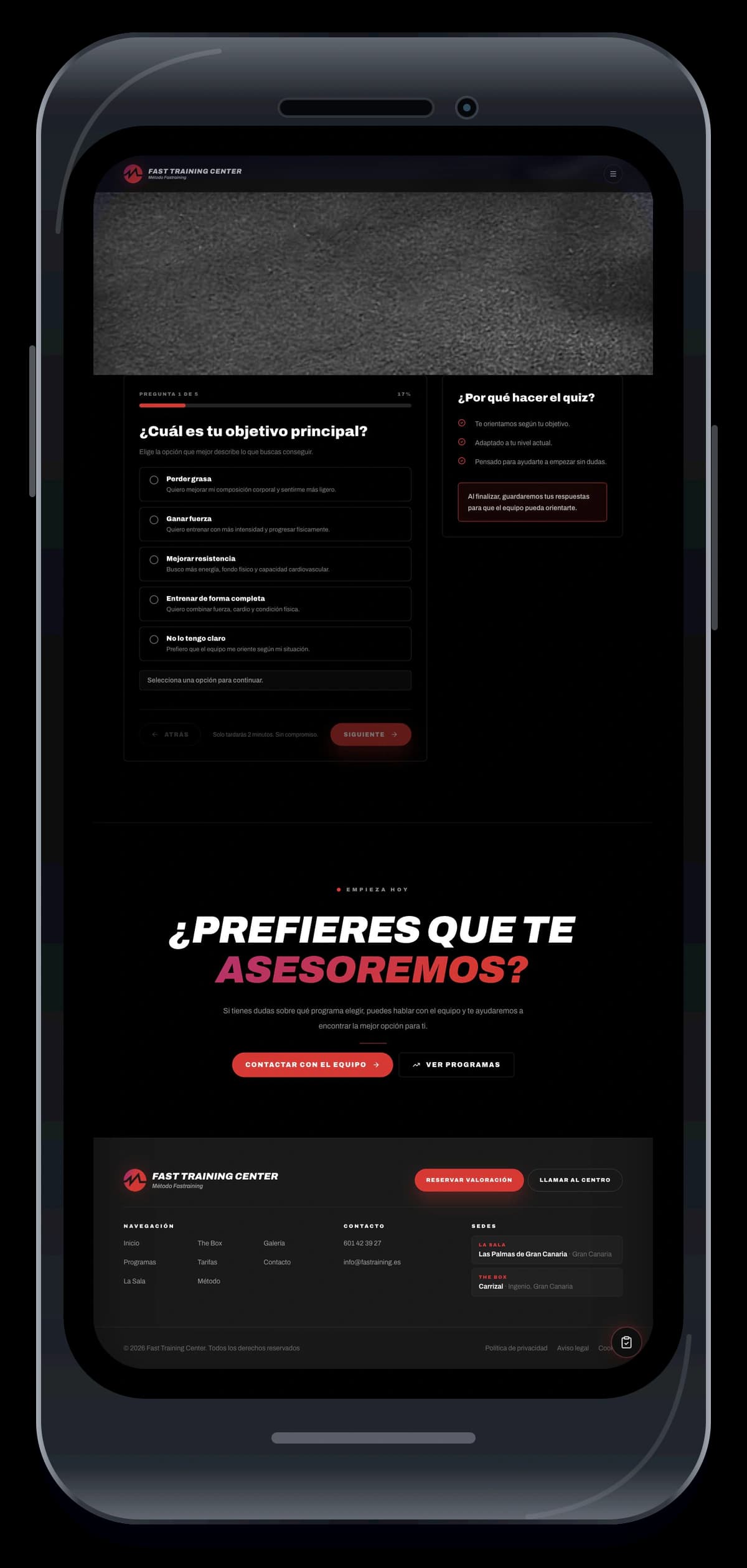 Fastraining — vista móvil del cuestionario guiado