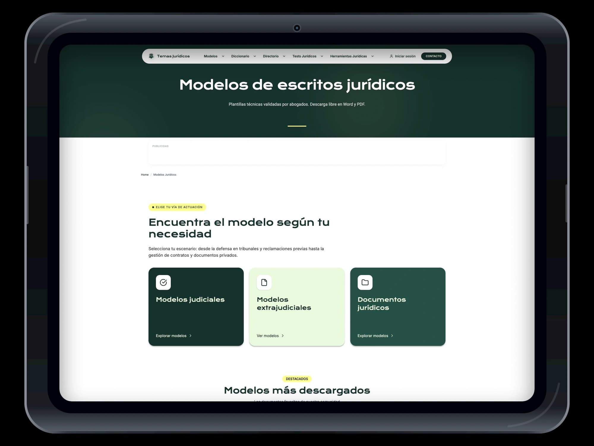 Temas Jurídicos — vista tablet del catálogo de modelos jurídicos