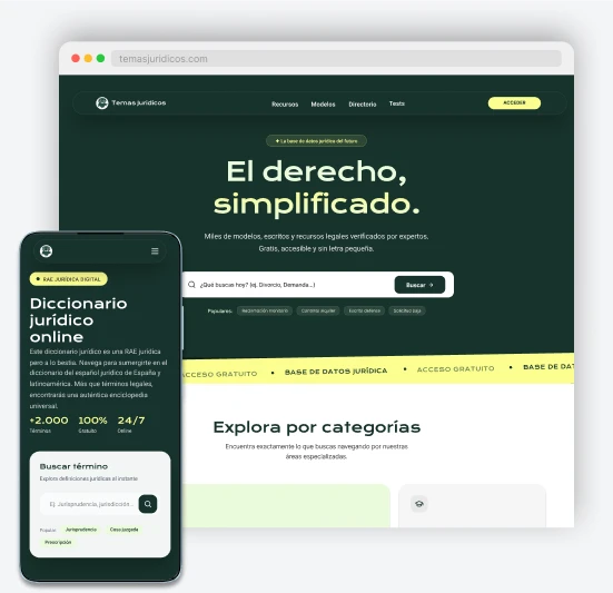 Mockups en escritorio y móvil de la plataforma Temas Jurídicos desarrollada por Sanzara Estudio