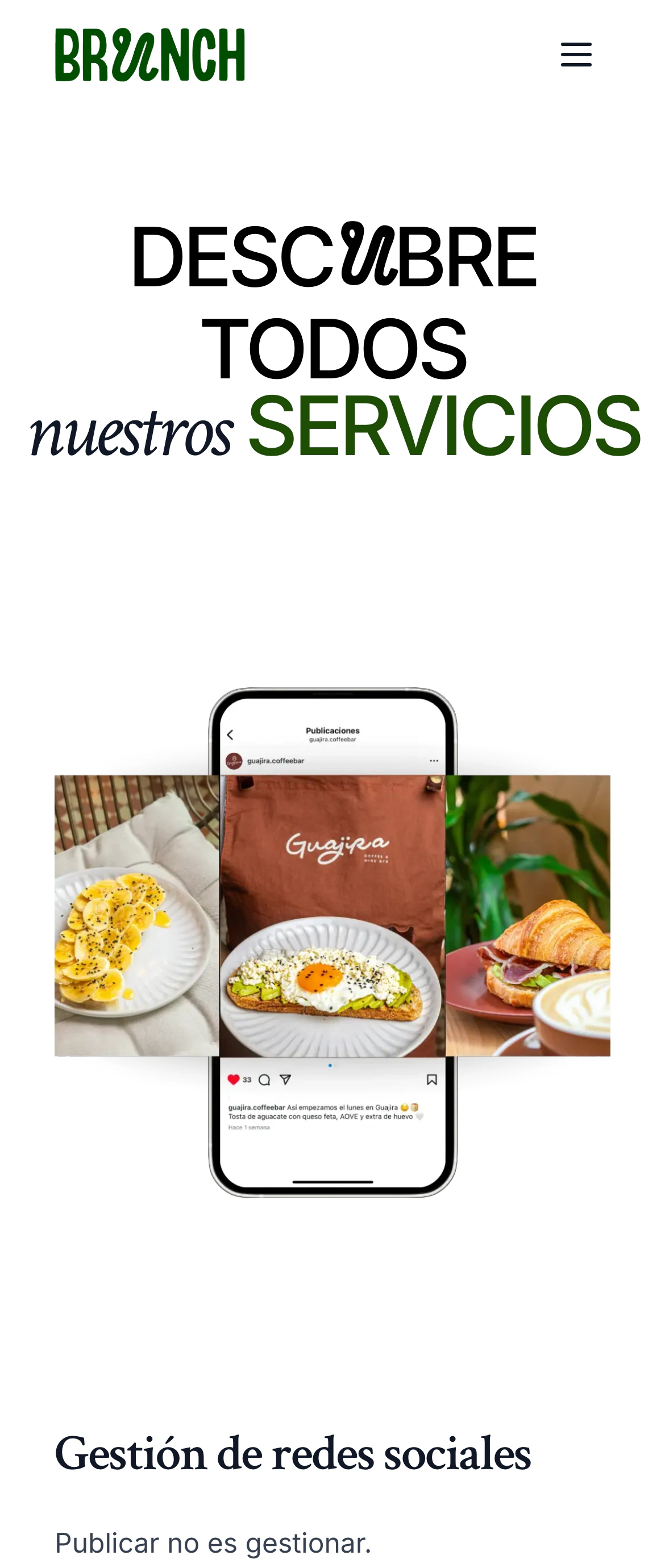Página de servicios de Brunch Estudio en un móvil