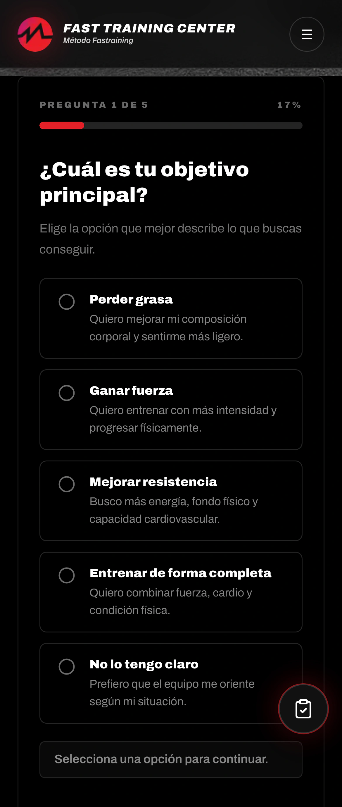 Primer paso del cuestionario de valoración en el móvil