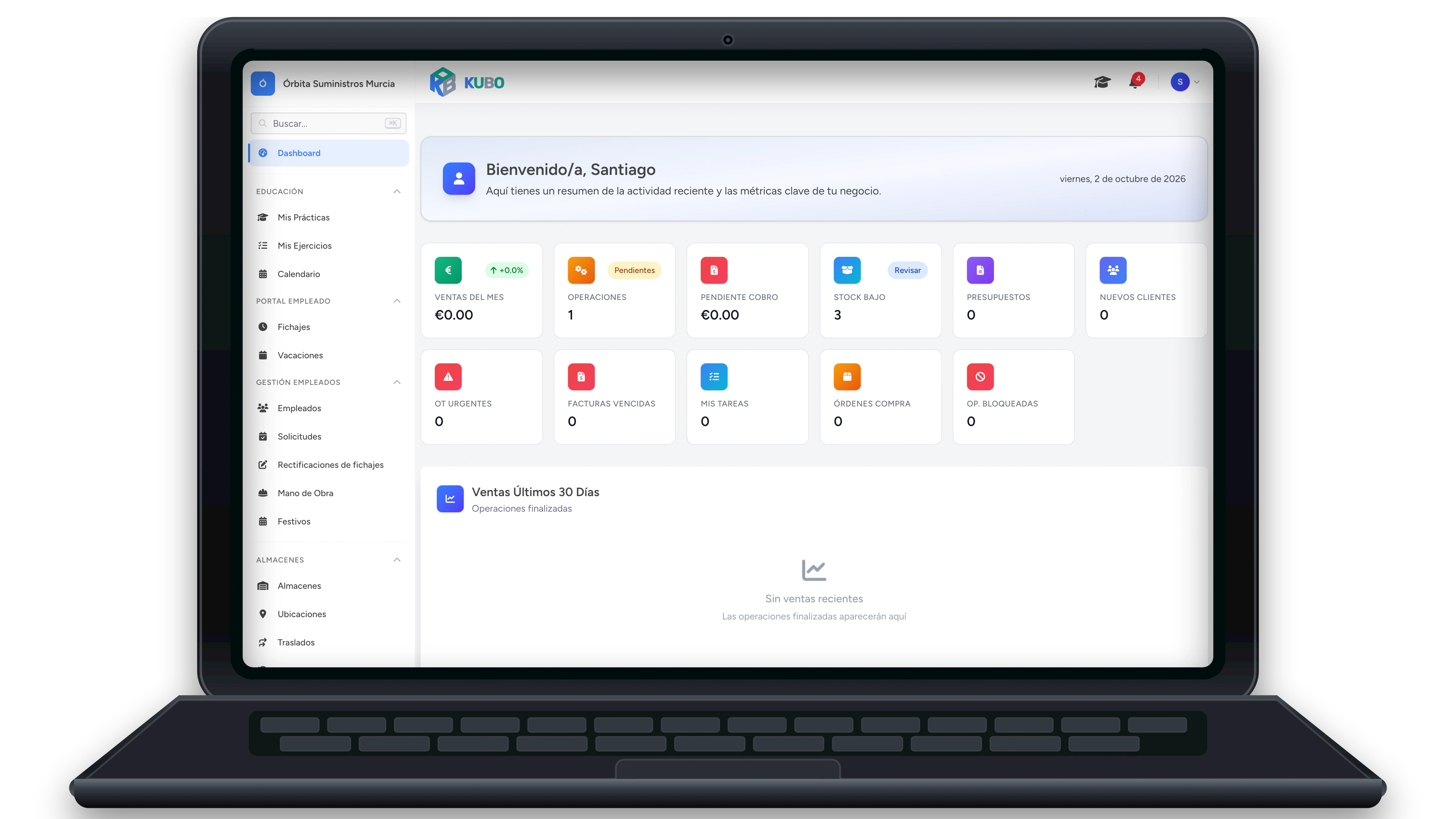 Dashboard de Kubo en tema claro dentro de un portátil: ventas, operaciones, cobros pendientes y stock bajo