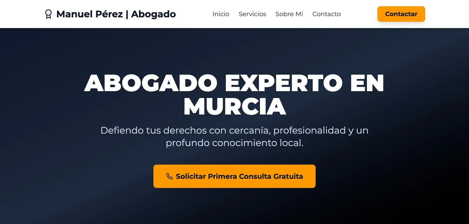 Demo de la web de un despacho de abogados: cabecera con el nombre del abogado, titular grande y botón para pedir una primera consulta