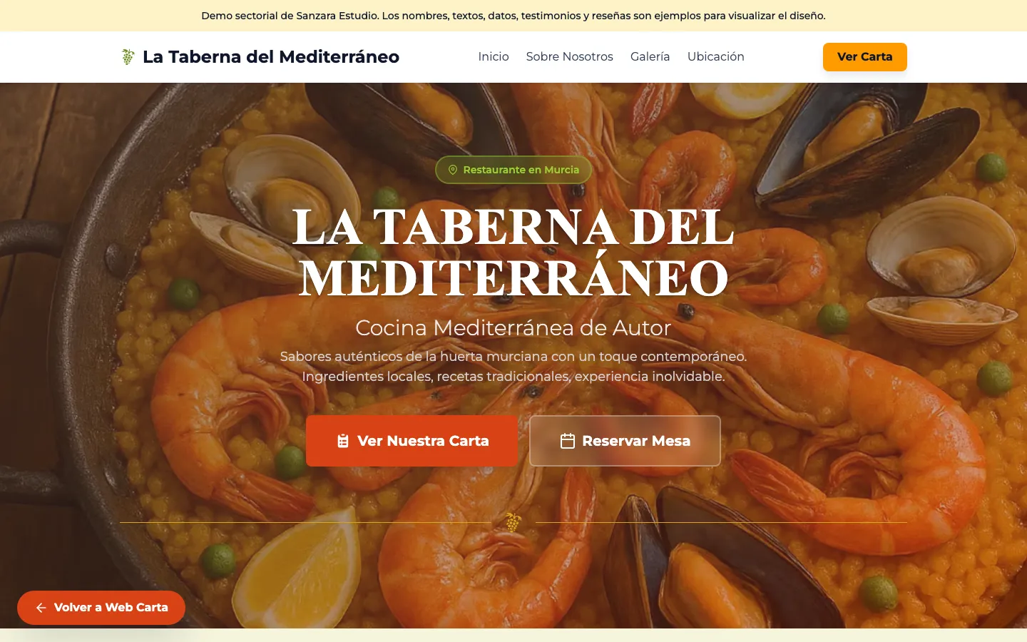 Vista previa de la demo de web para restaurantes de Sanzara Estudio: portada con el nombre del restaurante, una foto de un arroz y los botones para ver la carta y reservar mesa